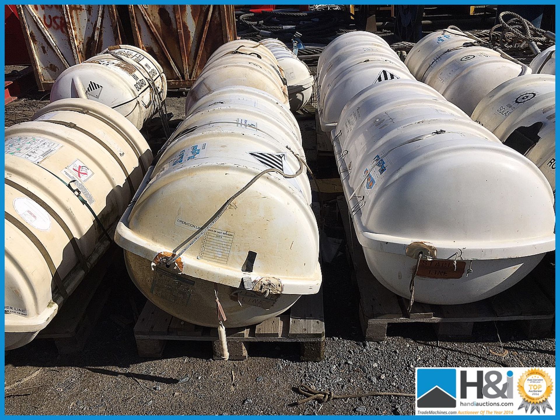 1 off RFD 25-man throw-overboard liferaft in round container, SOLAS. Unused. ADVISED SERVICE