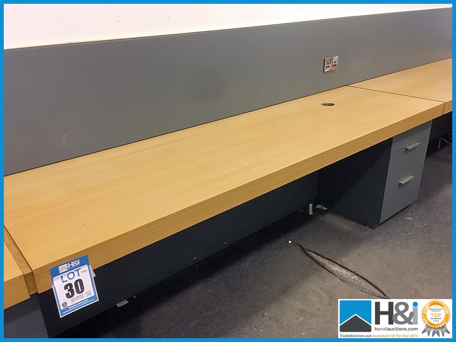 Long 3 desk assembly with drawers. Can be disassembled. Overall length 7.4m Appraisal: Used, good. - Image 3 of 4