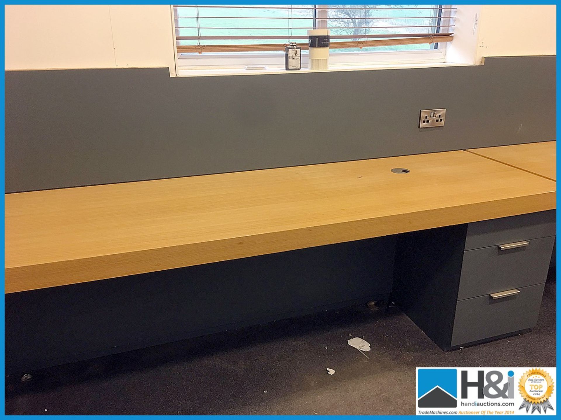 Long 3 desk assembly with drawers. Can be disassembled. Overall length 7.4m Appraisal: Used, good. - Image 2 of 4