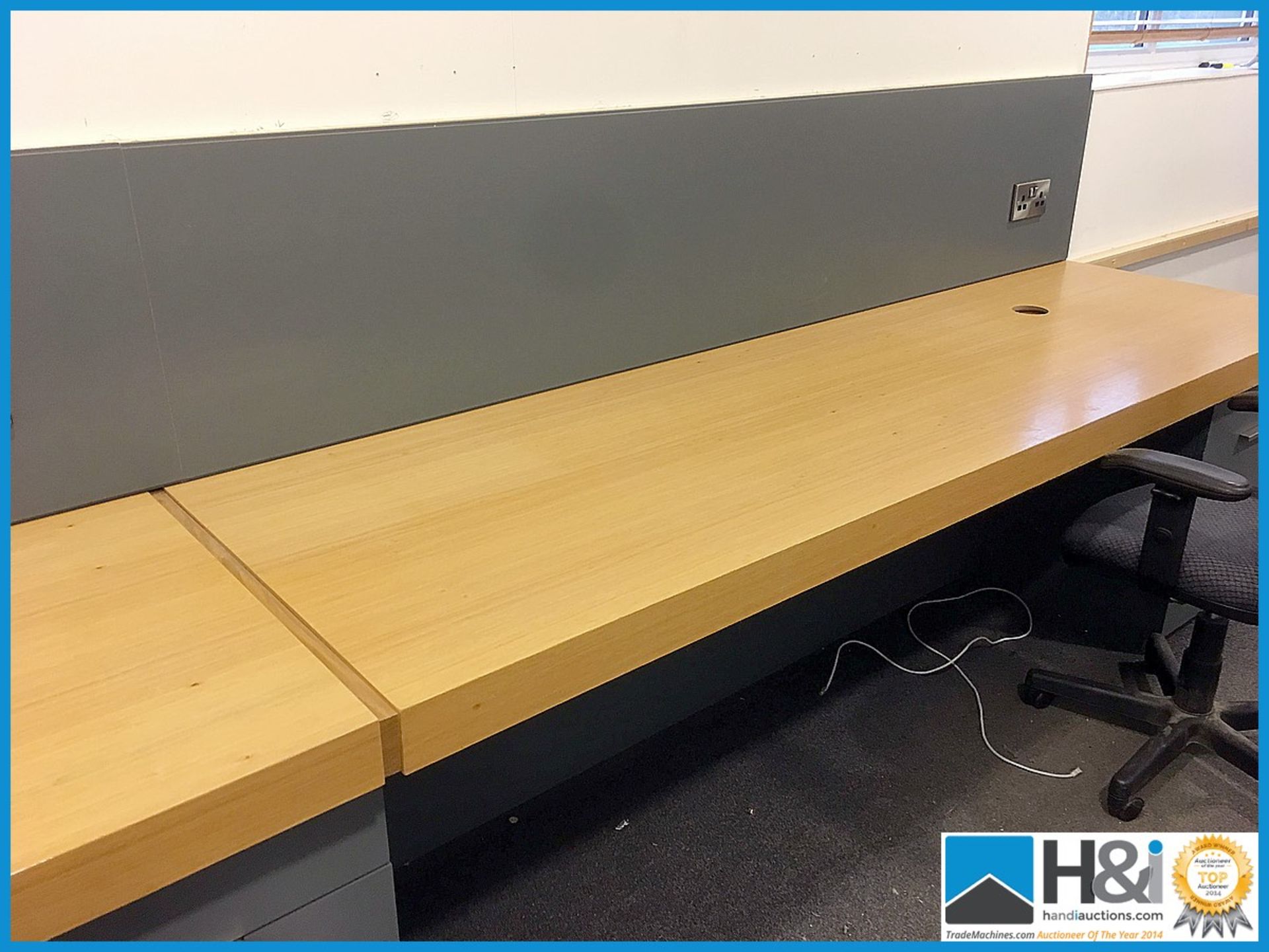 Long 3 desk assembly with drawers. Can be disassembled. Overall length 7.4m Appraisal: Used, good. - Image 4 of 4