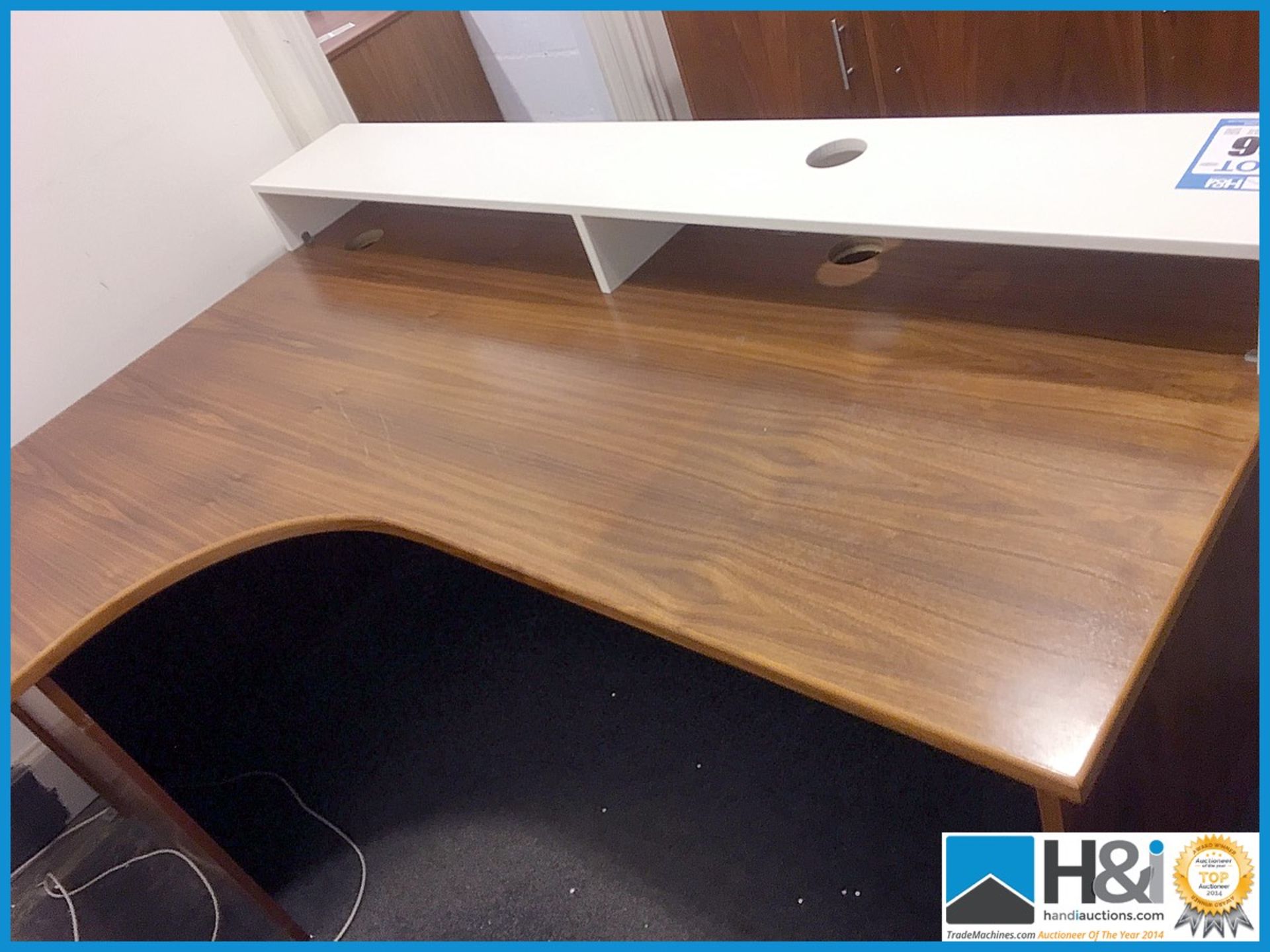 Simply lovely curved wood office disk with integral plinth. 1800 X 1200 Appraisal: Used, good. - Image 3 of 3