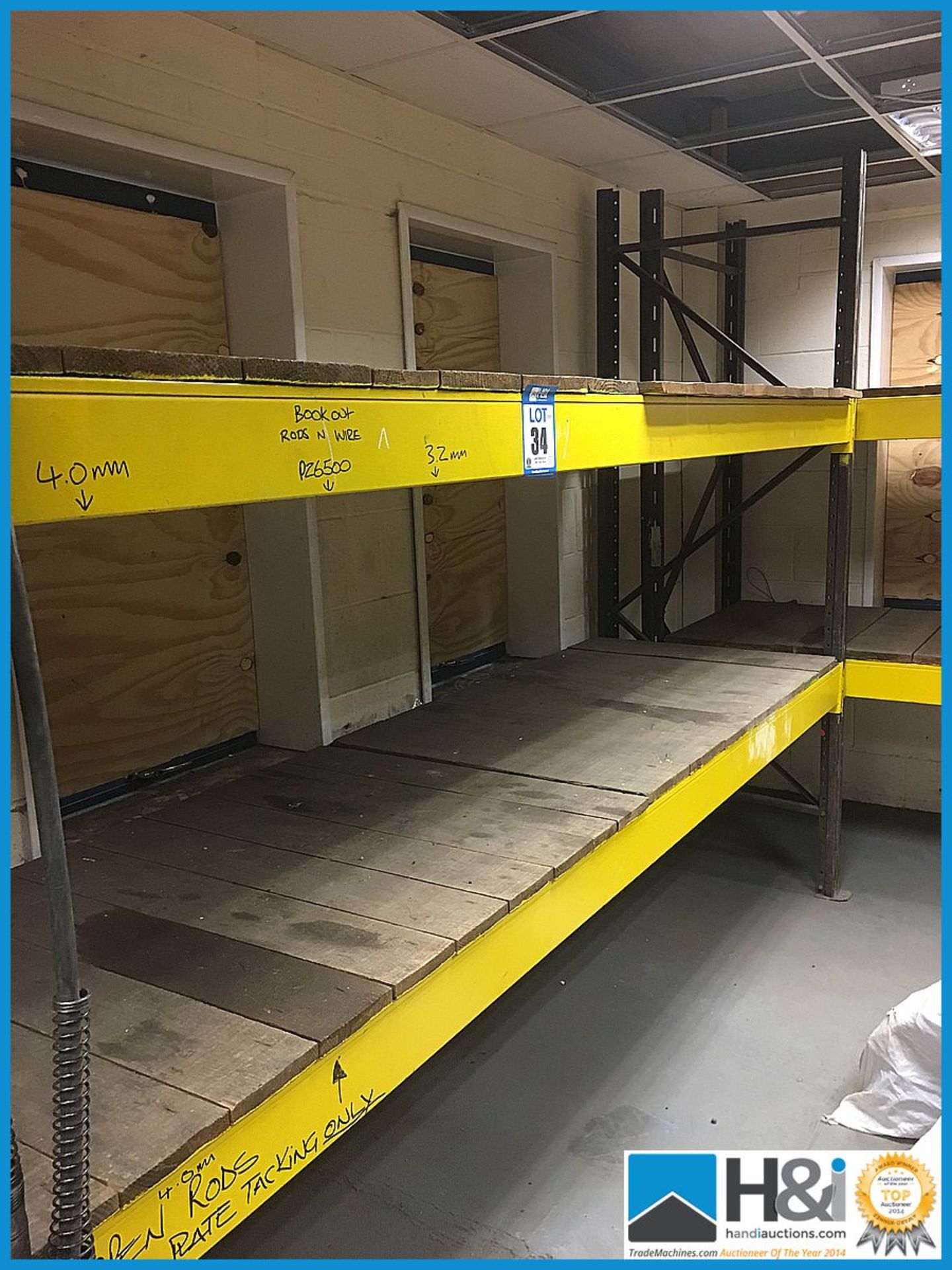 Three bays of stores racking with two shelves each approx 3200mm long X 2300mm high. No VAT on