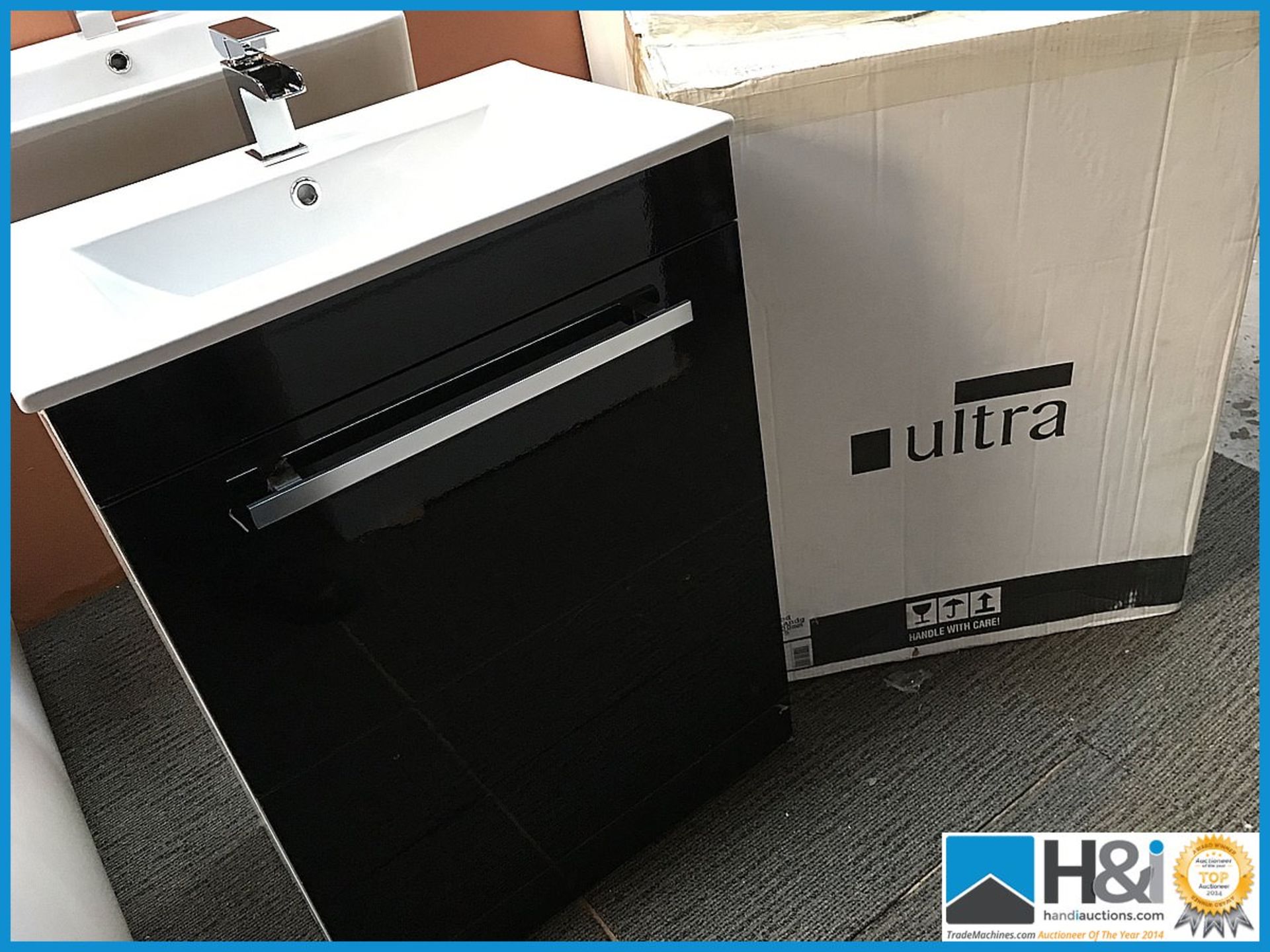 Beautiful designer Ultra CAB154 gloss black vanity unit with ceramic basin with ZB07 designer