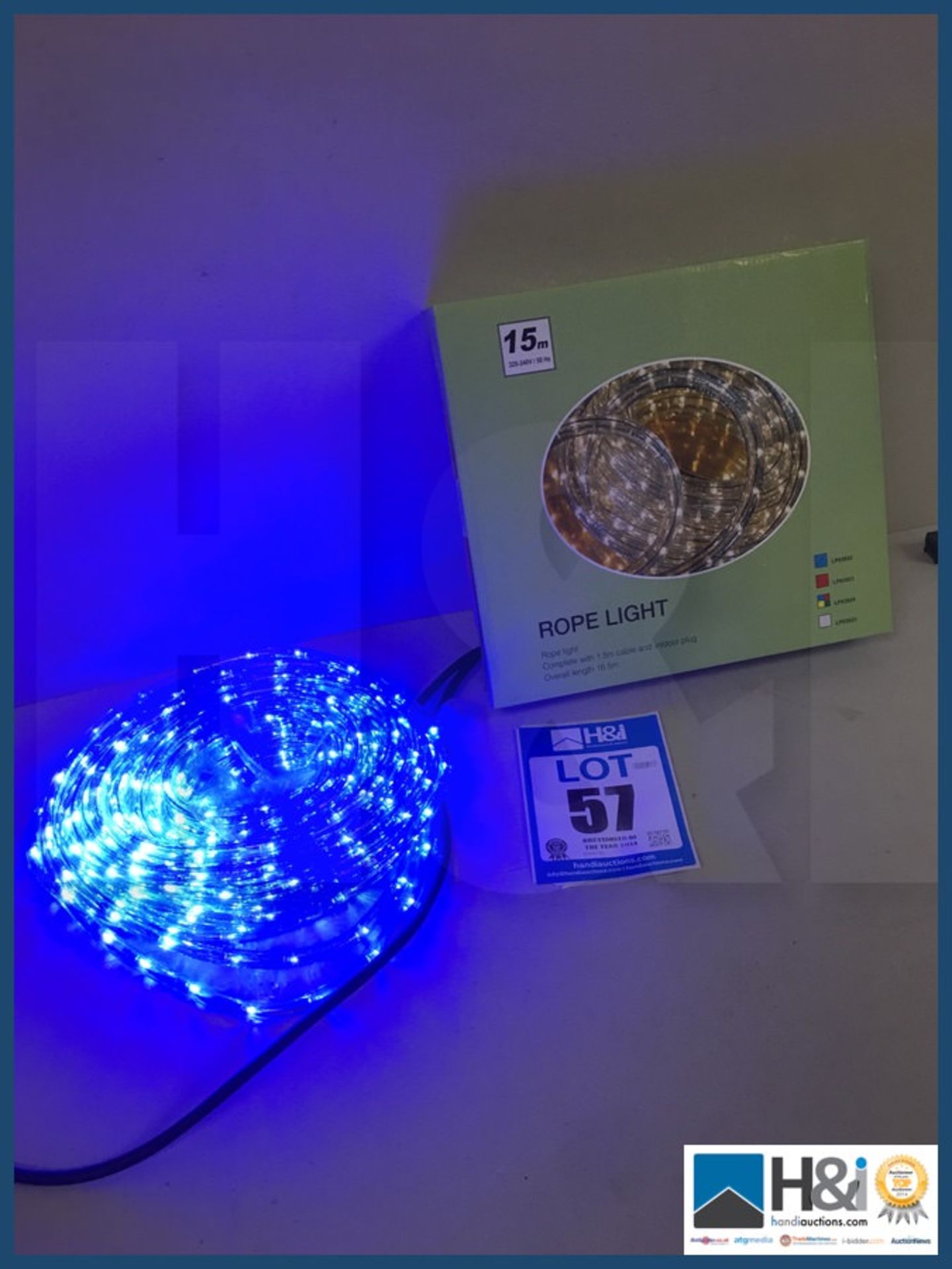 Brand new 15 metre Blue multi function LED rope light. NO VAT on item except on buyers premium. Ship