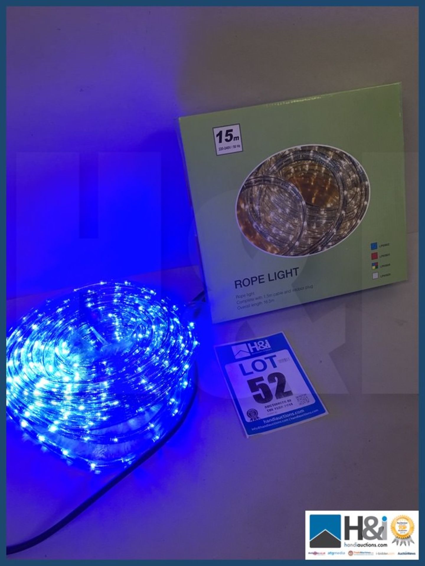 Brand new 15 metre Blue multi function LED rope light. NO VAT on item except on buyers premium. Ship