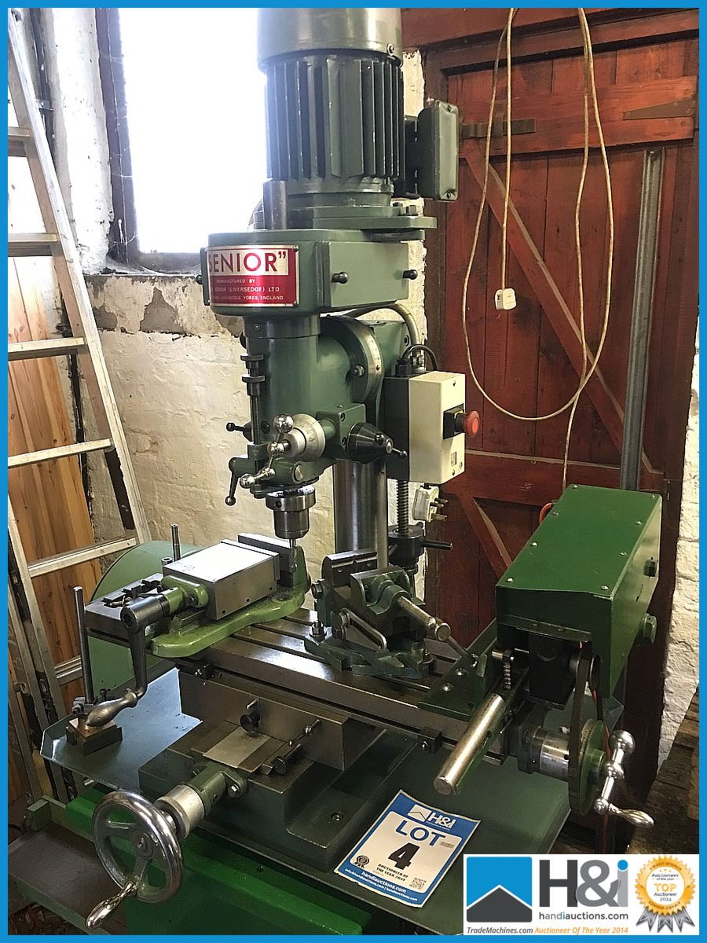 Beautiful example of a Tom Senior Type E single phase milling machine with tilt head, powered bed,