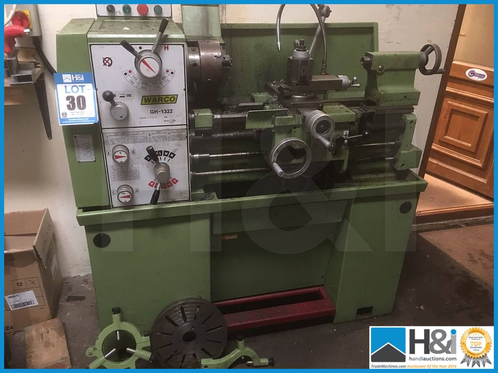 Wargo GH 1322 3 phase tool room lathe with work steady and face plate, reversable 6" chuck. 600mm