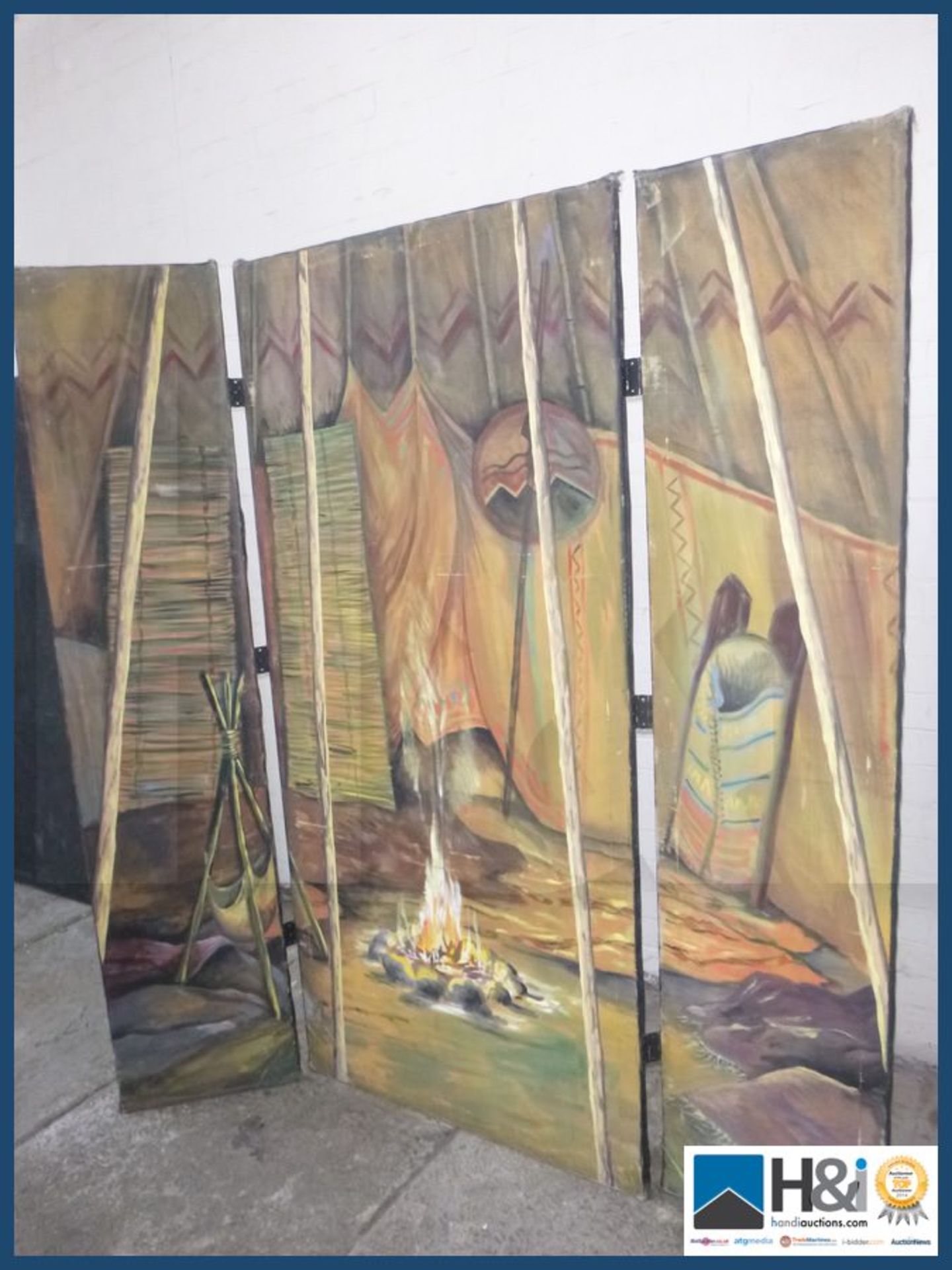 Vintage hand painted theater back drop double sided measuring approx 68" wide X 78" tall . - Image 2 of 2