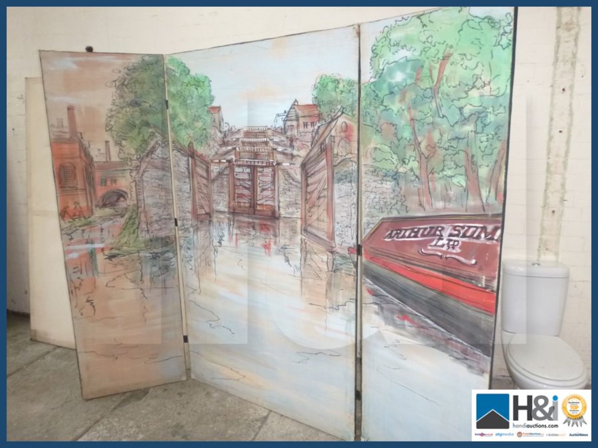 Vintage hand painted theater back drop double sided measuring approx 94" wide X 78" tall . - Image 2 of 2