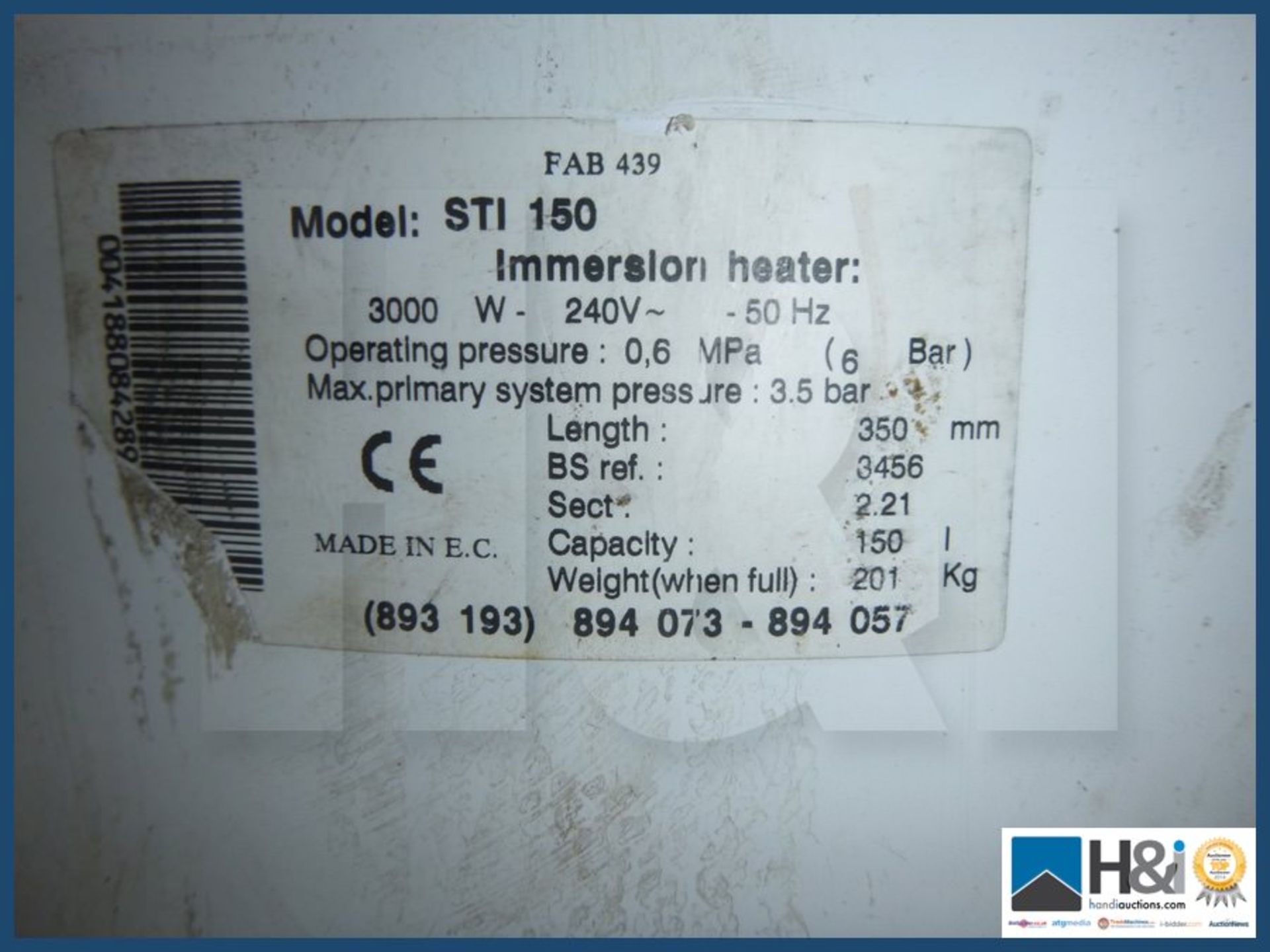 Hot water storage system model St1 150 150 ltrs. Appraisal: Used, good. Viewing essential Serial No: - Image 2 of 4