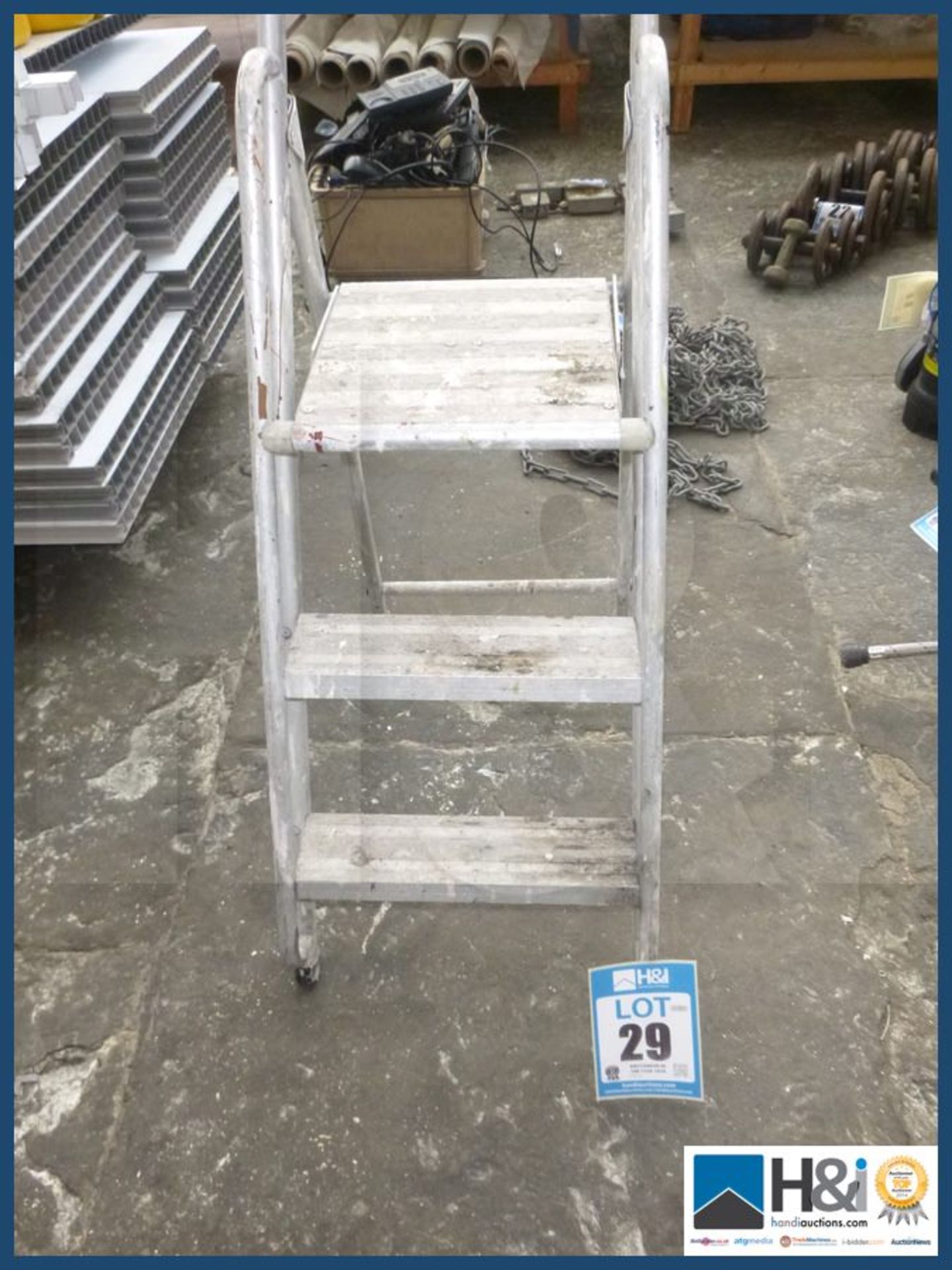 Small three rung aluminium step ladders . Appraisal: Used, good. Viewing essential Serial No: NA