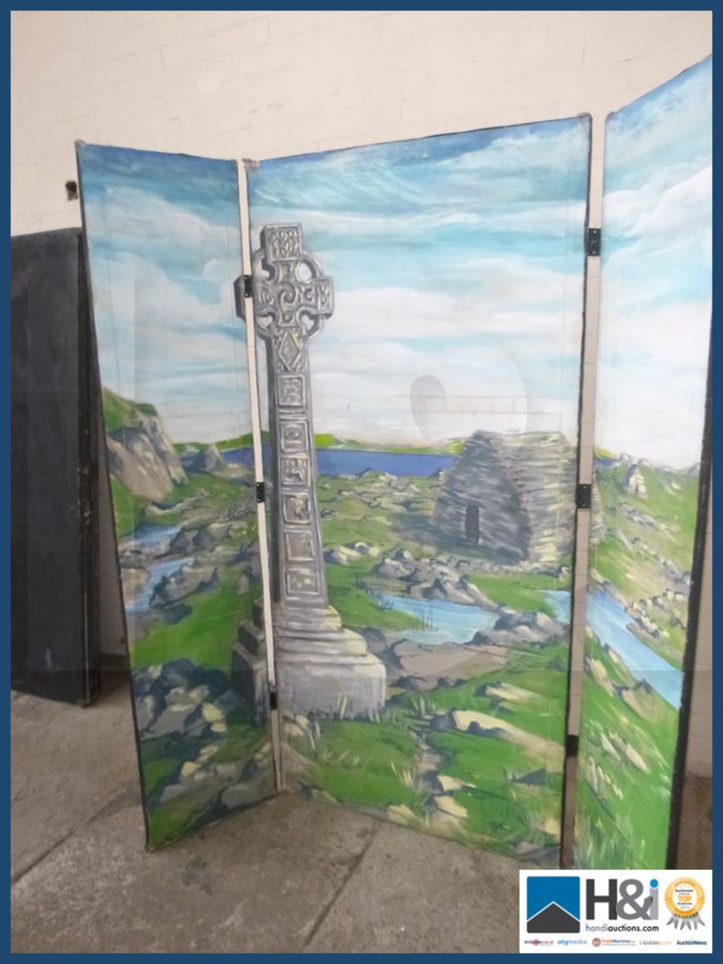 Vintage hand painted theater back drop double sided measuring approx 68" wide X 78" tall .