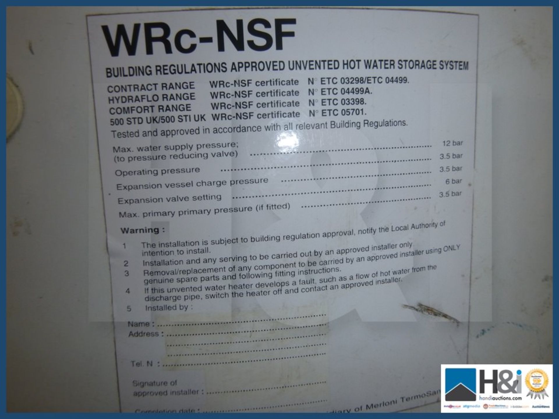 Hot water storage system model St1 150 150 ltrs. Appraisal: Used, good. Viewing essential Serial No: - Image 3 of 4