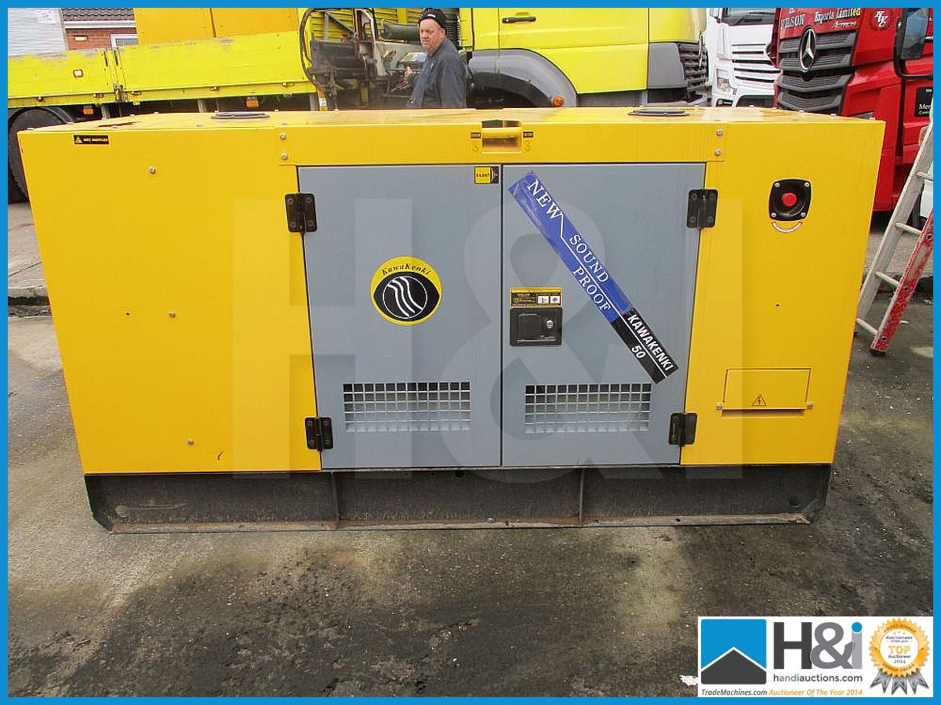 Brand new, unused yellow Kawakenki KK-50KvA generator. No oil or water and ready for transportation.