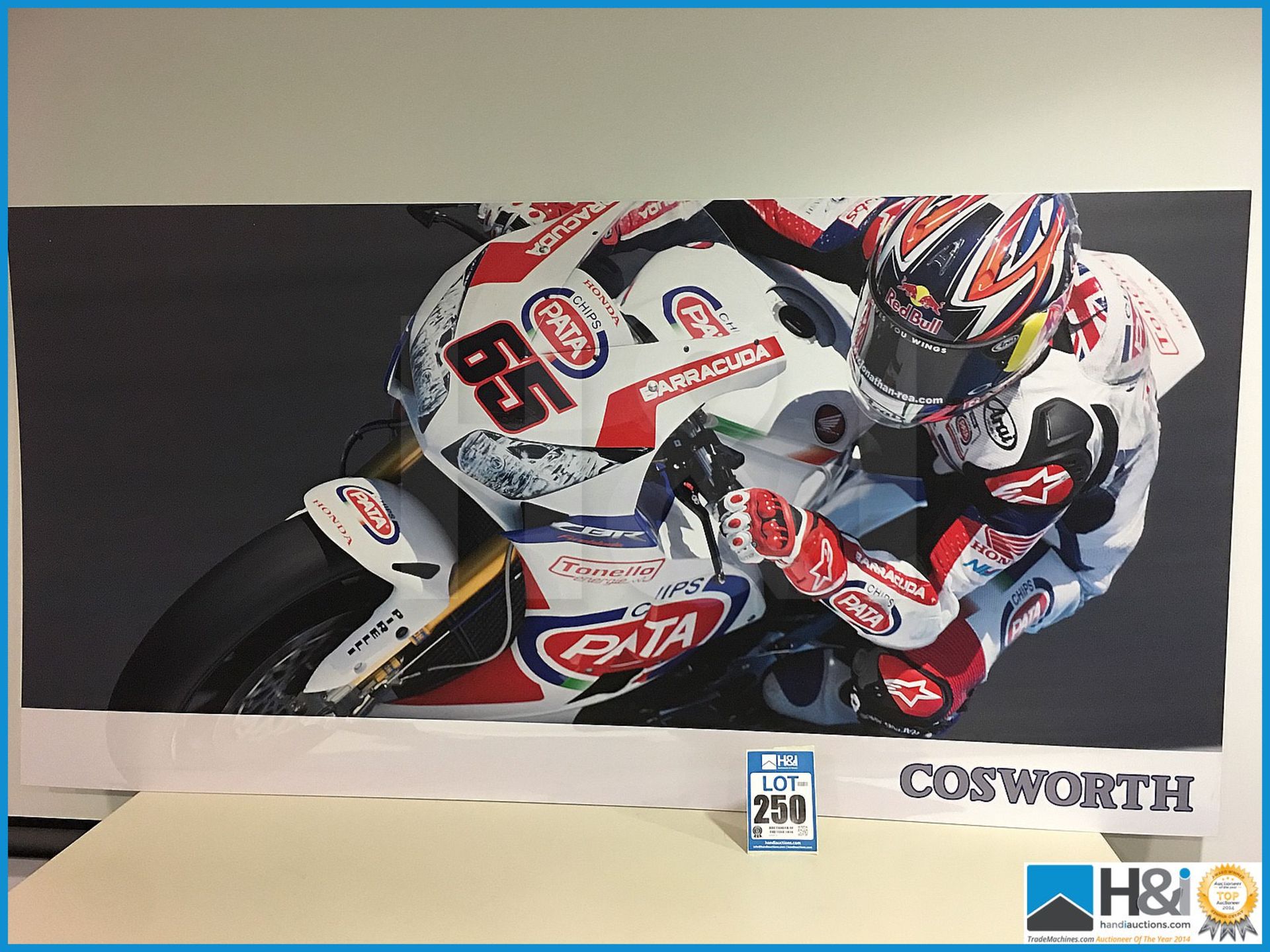 Cosworth promo artwork piece featuring motorcycle racer. Approx 6ft X 3ft X 3mm thick. MC: N/A CILN: