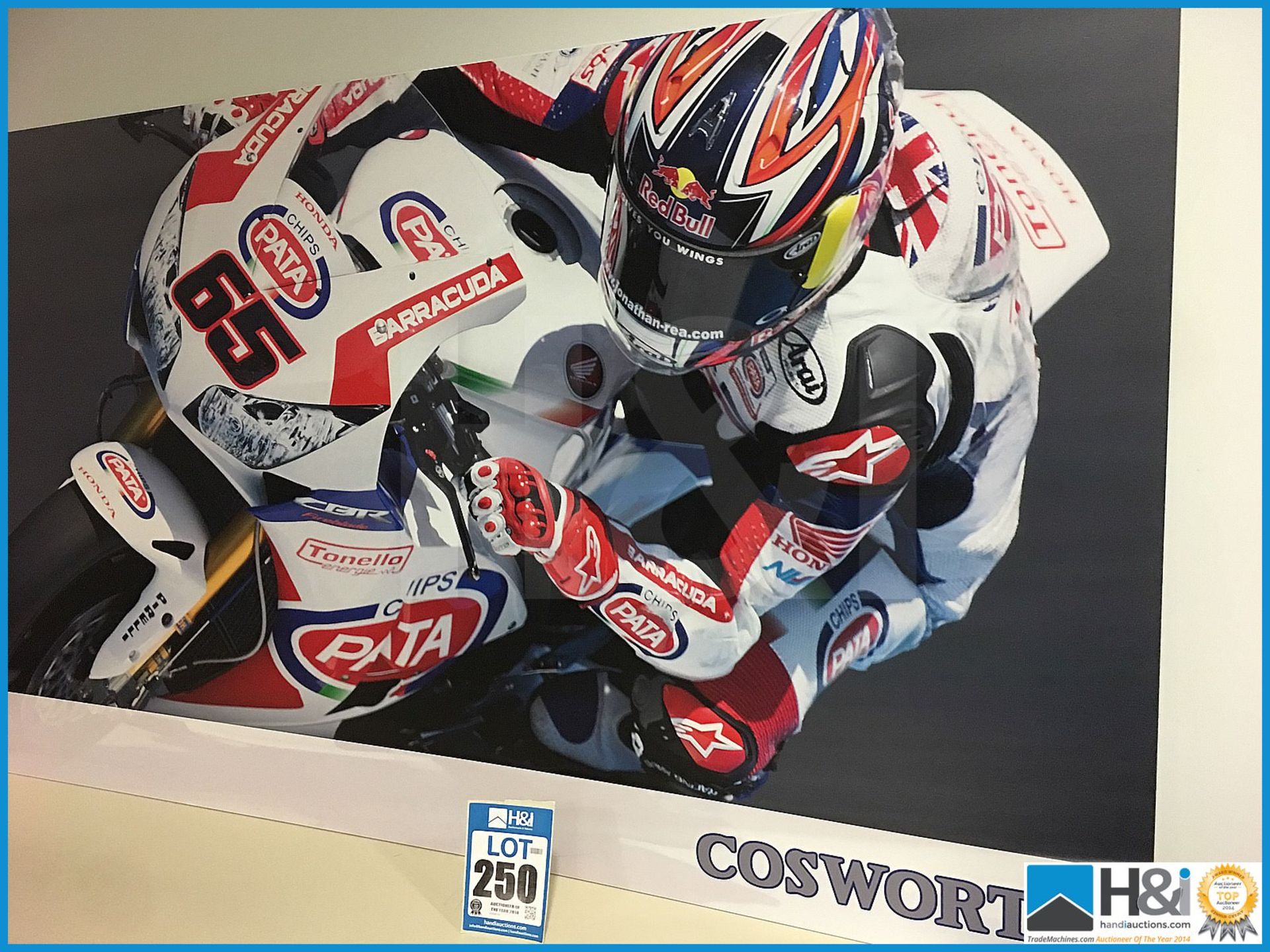 Cosworth promo artwork piece featuring motorcycle racer. Approx 6ft X 3ft X 3mm thick. MC: N/A CILN: - Image 3 of 4