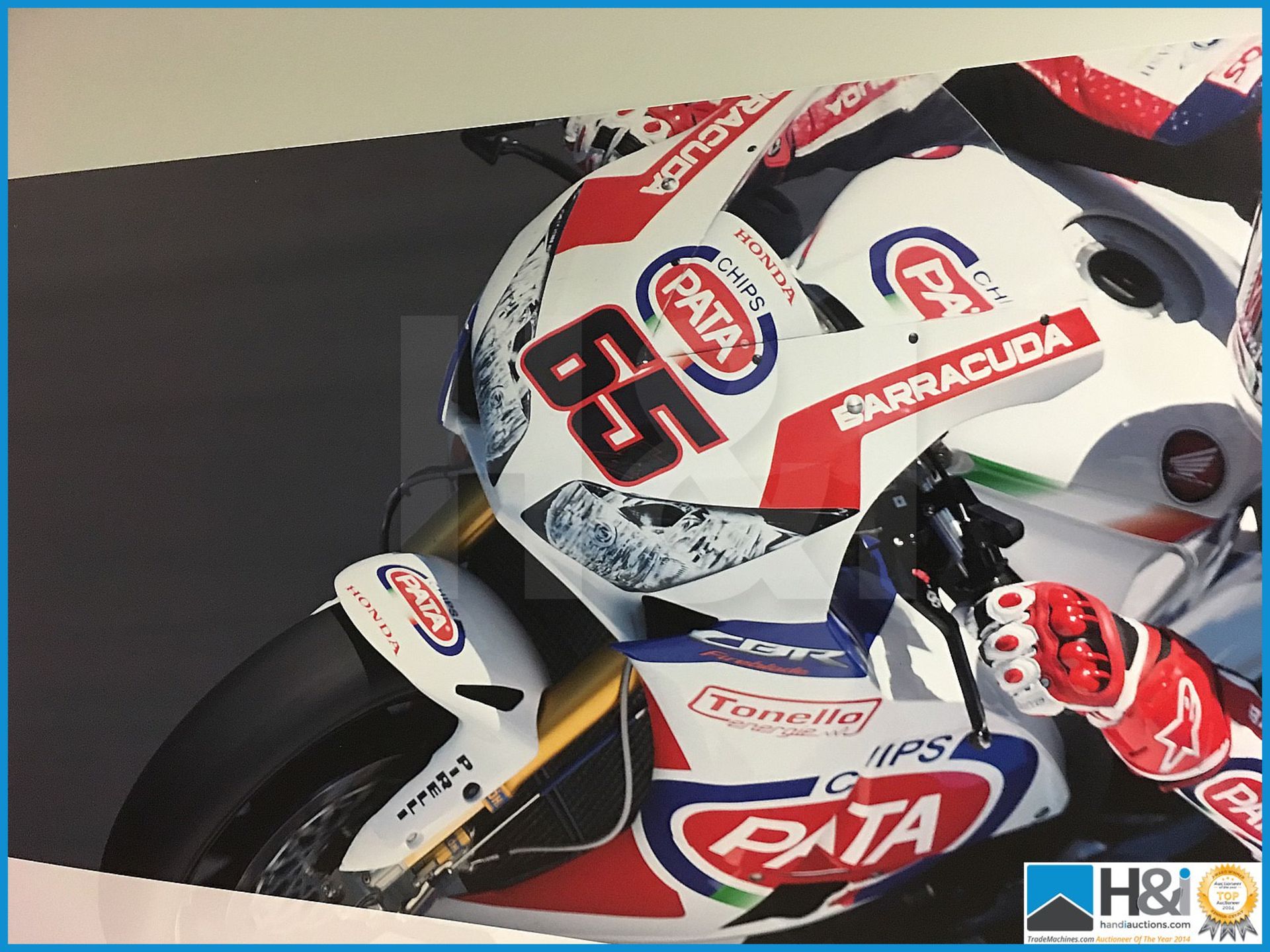 Cosworth promo artwork piece featuring motorcycle racer. Approx 6ft X 3ft X 3mm thick. MC: N/A CILN: - Image 4 of 4