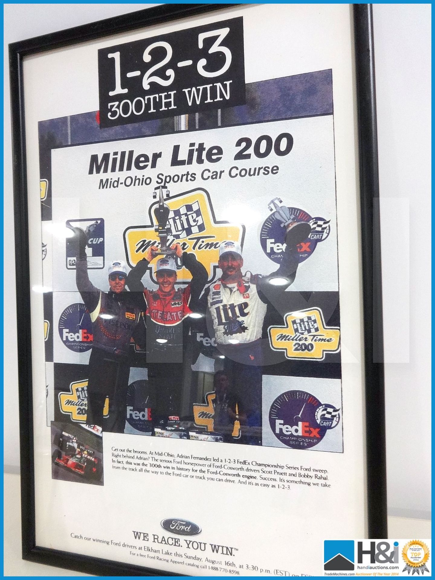 Framed Ford promo artwork for Miller Lite 200. Ex Cosworth works. MC: N/A CILN: N/A - Image 2 of 3