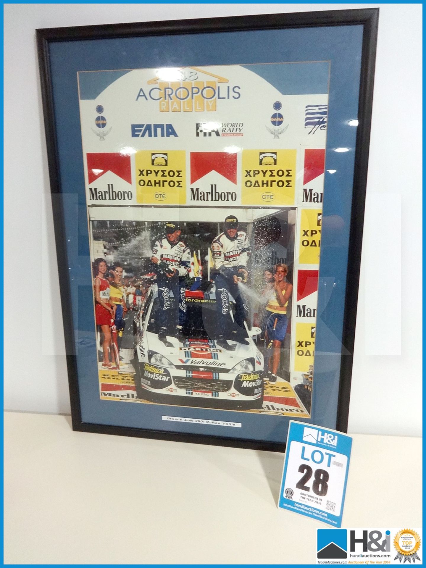 Framed Colin McRae Acropolis Rally podium win photograph. Greece June 2001 engine number YC318. Neve