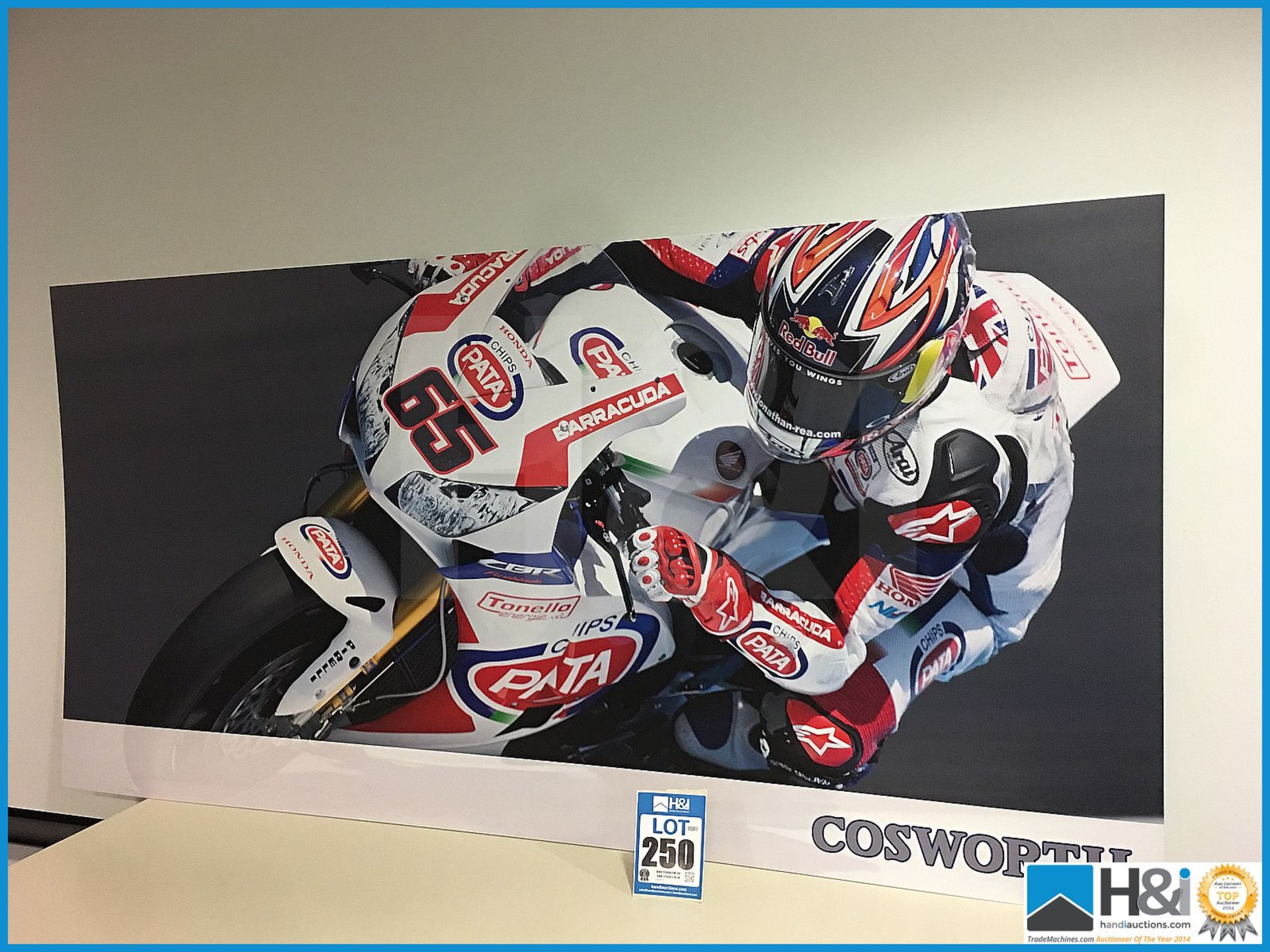 Cosworth promo artwork piece featuring motorcycle racer. Approx 6ft X 3ft X 3mm thick. MC: N/A CILN: - Image 2 of 4