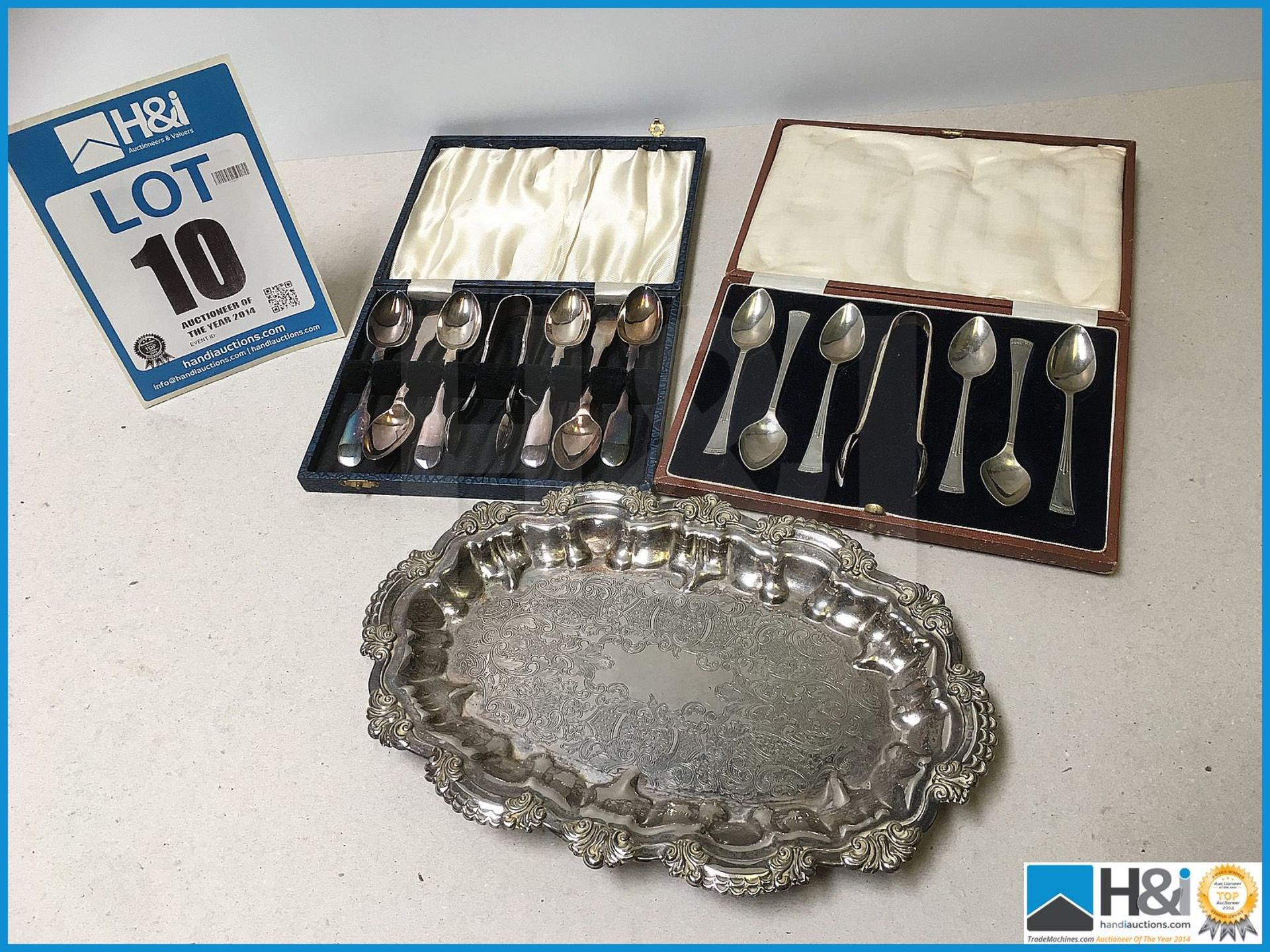 Various vintage Silver plate spoon sets and tray.