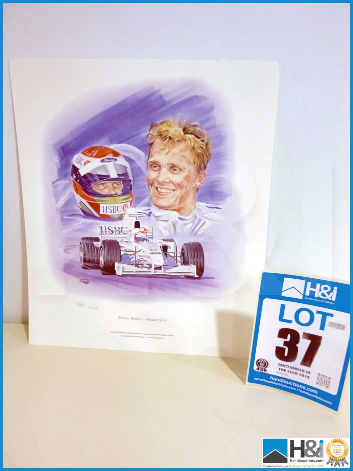 Limited edition reproduced from original painting by Simon Taylor of Johnny Herbert. No. 80 of 300 -