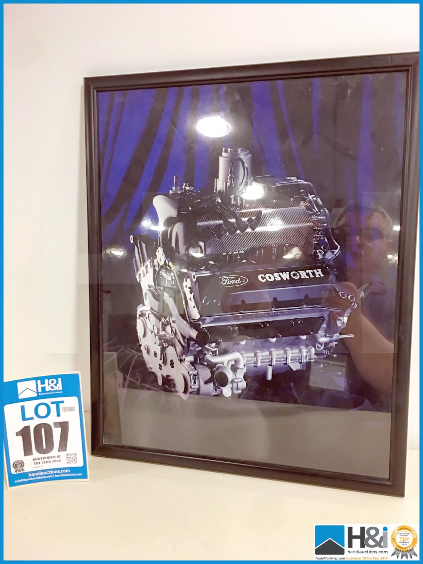 Framed photograph of Cosworth XF engine appx 17in x 21in - More detail to follow -- MC:N/A CILN:N/A