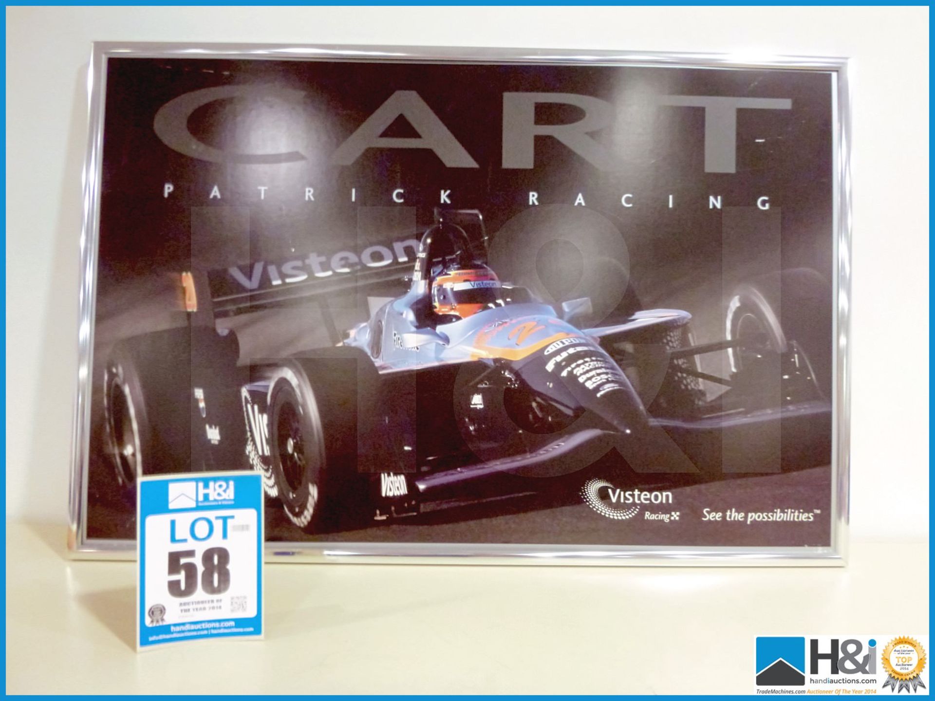 Large metal framed print of an Indy Car, captions read 'Cart Patrick Racing - Visteon'. Slight marki - Image 2 of 2