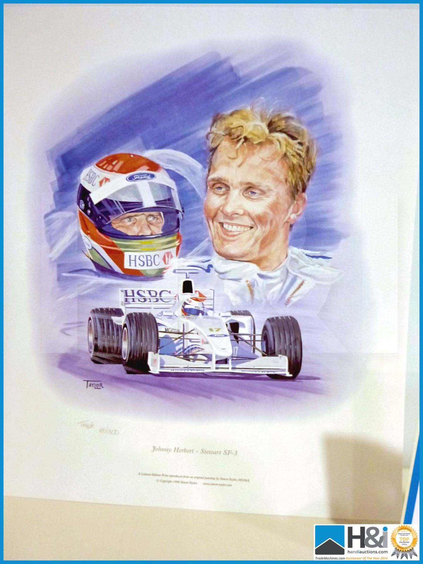 Limited edition reproduced from original painting by Simon Taylor of Johnny Herbert. No. 80 of 300 - - Image 2 of 4