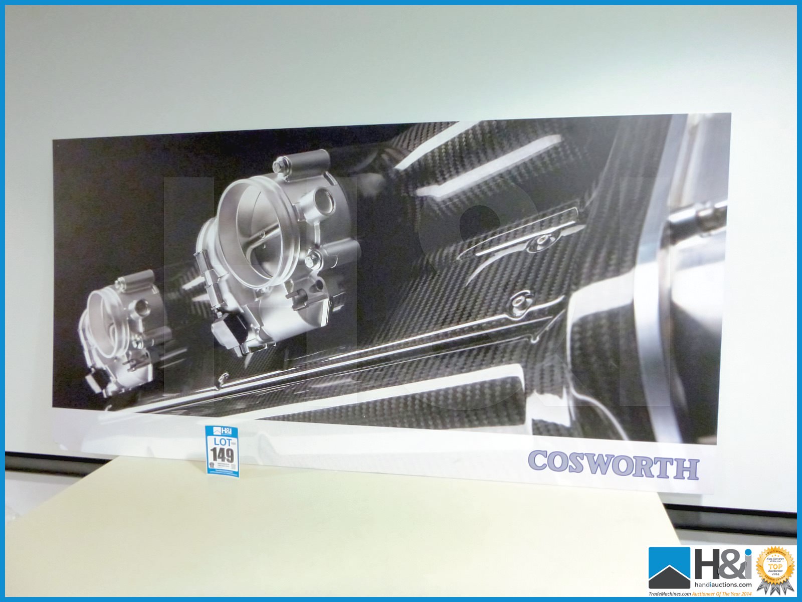 Large format print featuring Aston Martin ONE-177 carbon engine parts. Appx 6ft x 3ft x 5mm. Ex Cosw