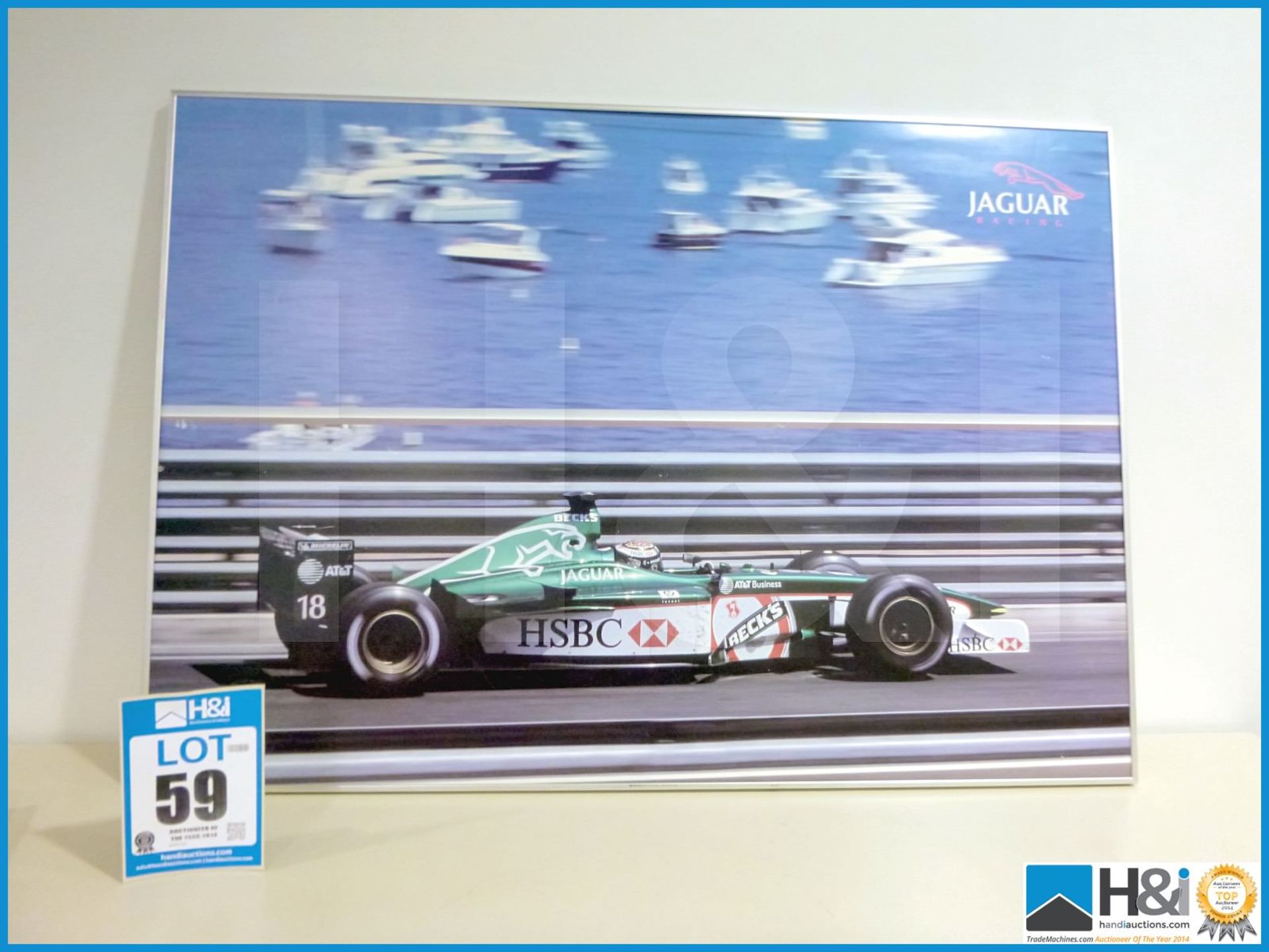 Large aluminium framed print of Jaguar F1 car, Eddy Irvine at Monaco. Appx 39in x 27in -- MC:N/A CIL - Image 2 of 2