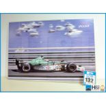 Metal framed Jaguar Formula One print, Eddy Irvine at Monaco. Appx 40in x 28in. From the Cosowrth Ar