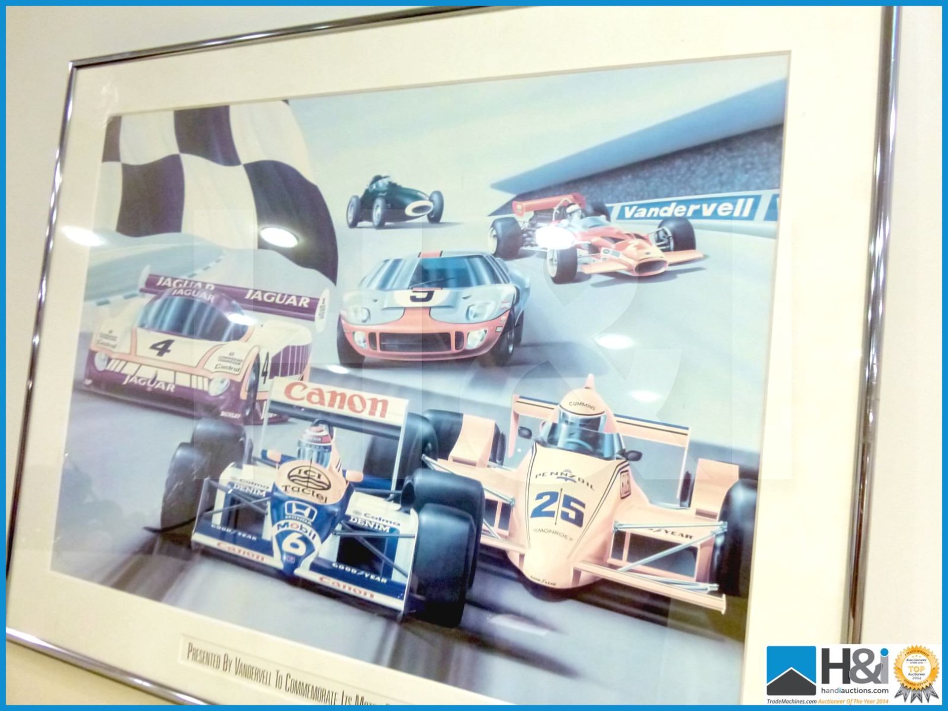 Metal framed Motorsport artwork. Caption reads 'Presented by Vandervell to commemorate it's mirror r - Image 4 of 4