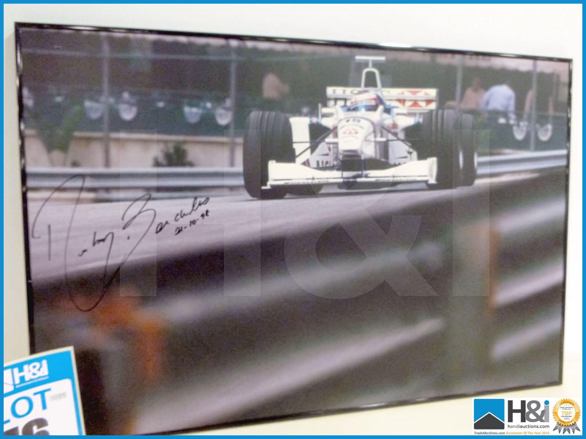 Framed photograph of Rubens Barrichello racing at what is believed to be Monaco, dated 21/10/98 sign - Image 2 of 4