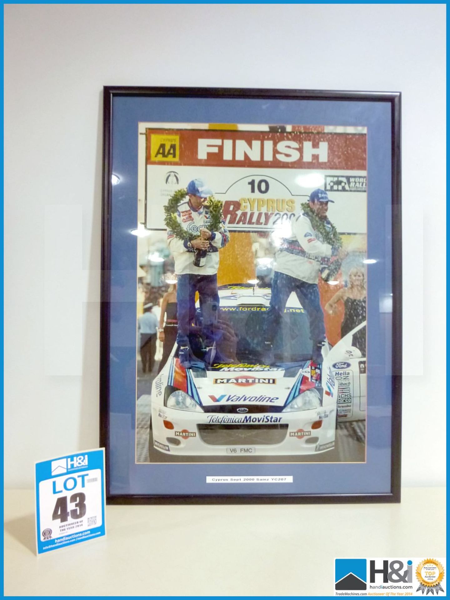 Large framed photo of Carlos Sainz podium win Cyprus Rally 2000 Ford Focus YC207. Appx 23in X 31in -