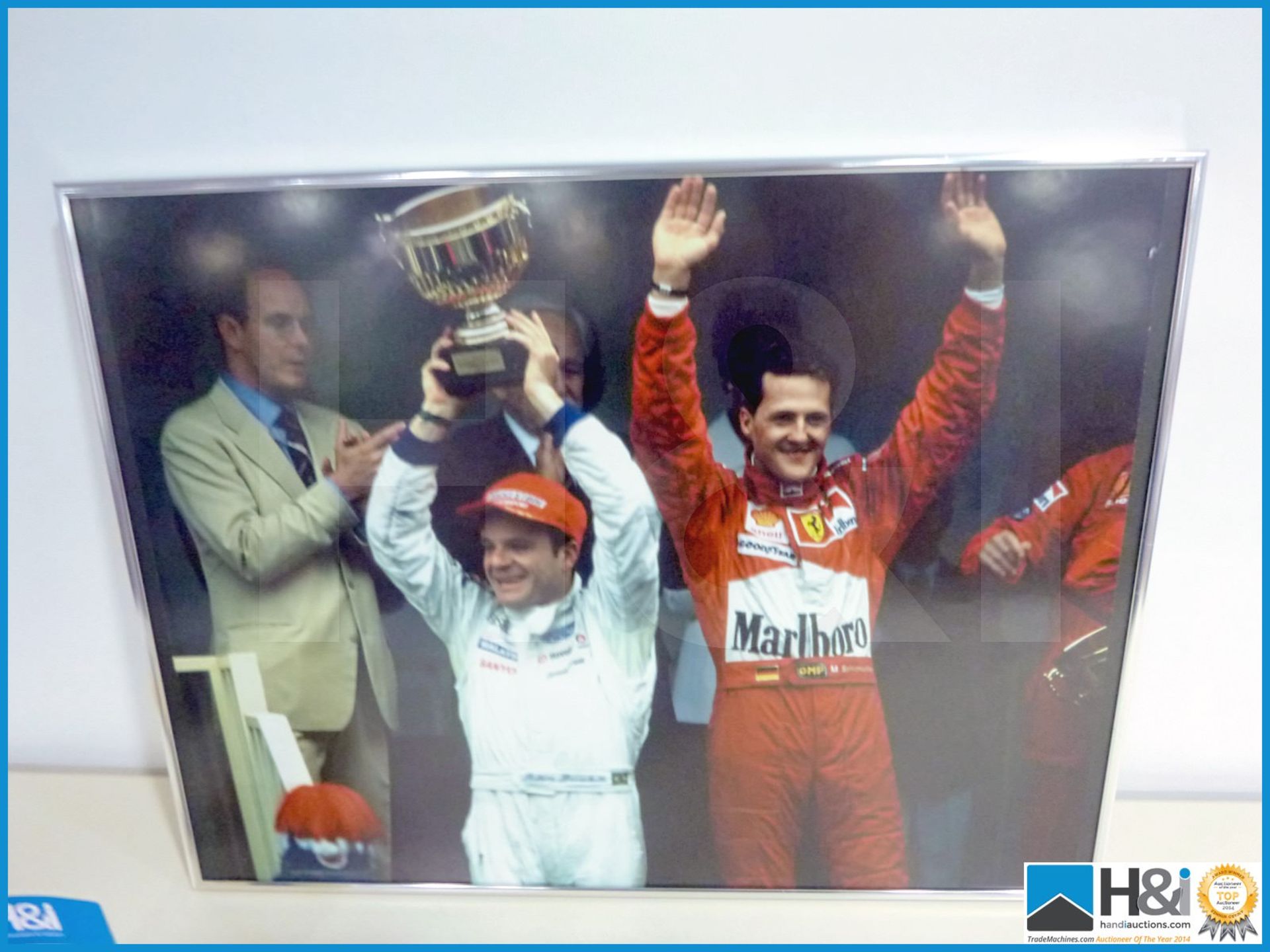 Metal framed print of Michael Shumacher and Rubens Barrichello at Monaco 1997 appx 21in x 16in -- MC - Image 2 of 3