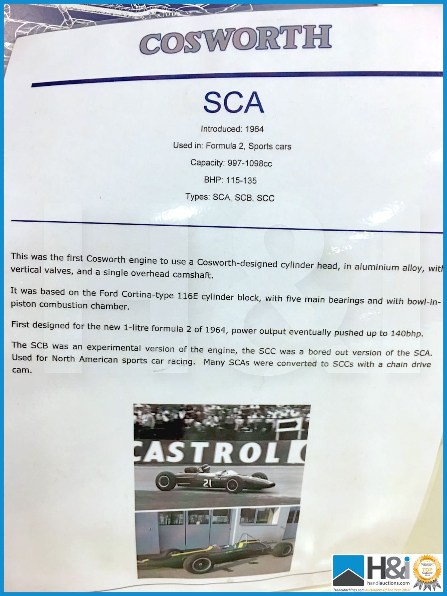 Framed schematic cut away drawing of Cosworth SCA engine. Metallic faced wood frame. Artwork by John - Image 3 of 6