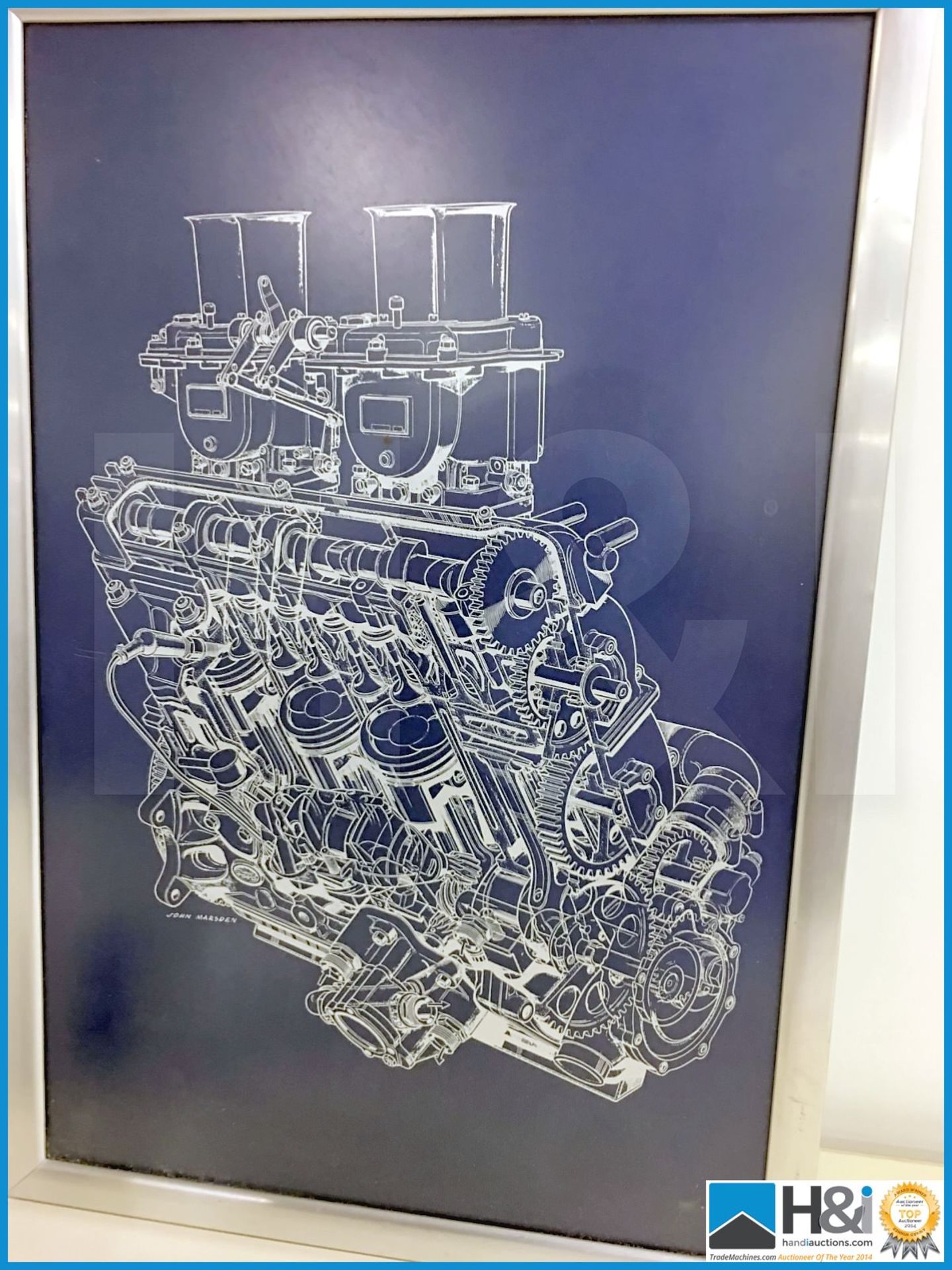 Framed schematic cut away drawing of Cosworth SCA engine. Metallic faced wood frame. Artwork by John - Image 2 of 6