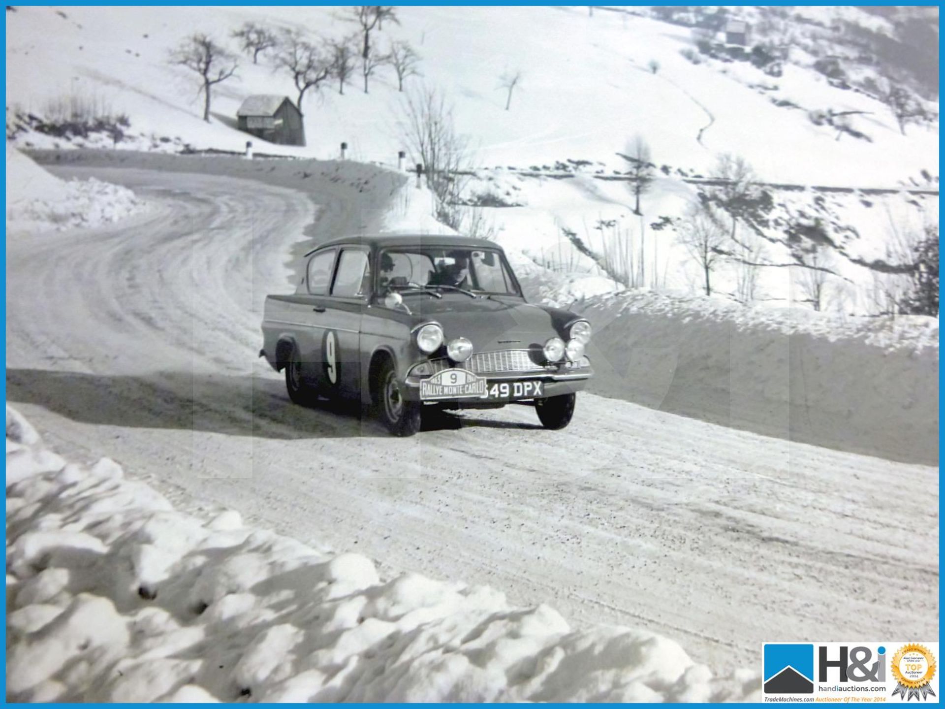 Unframed, board backed black and white photo print of Ford Anglia on Monte Carlo Rally. Appx 22in x - Image 2 of 7