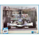 Large metal framed print of Jaguar Racing Formula One car, Eddy Irvine. Appx 39in x 24in. From the C
