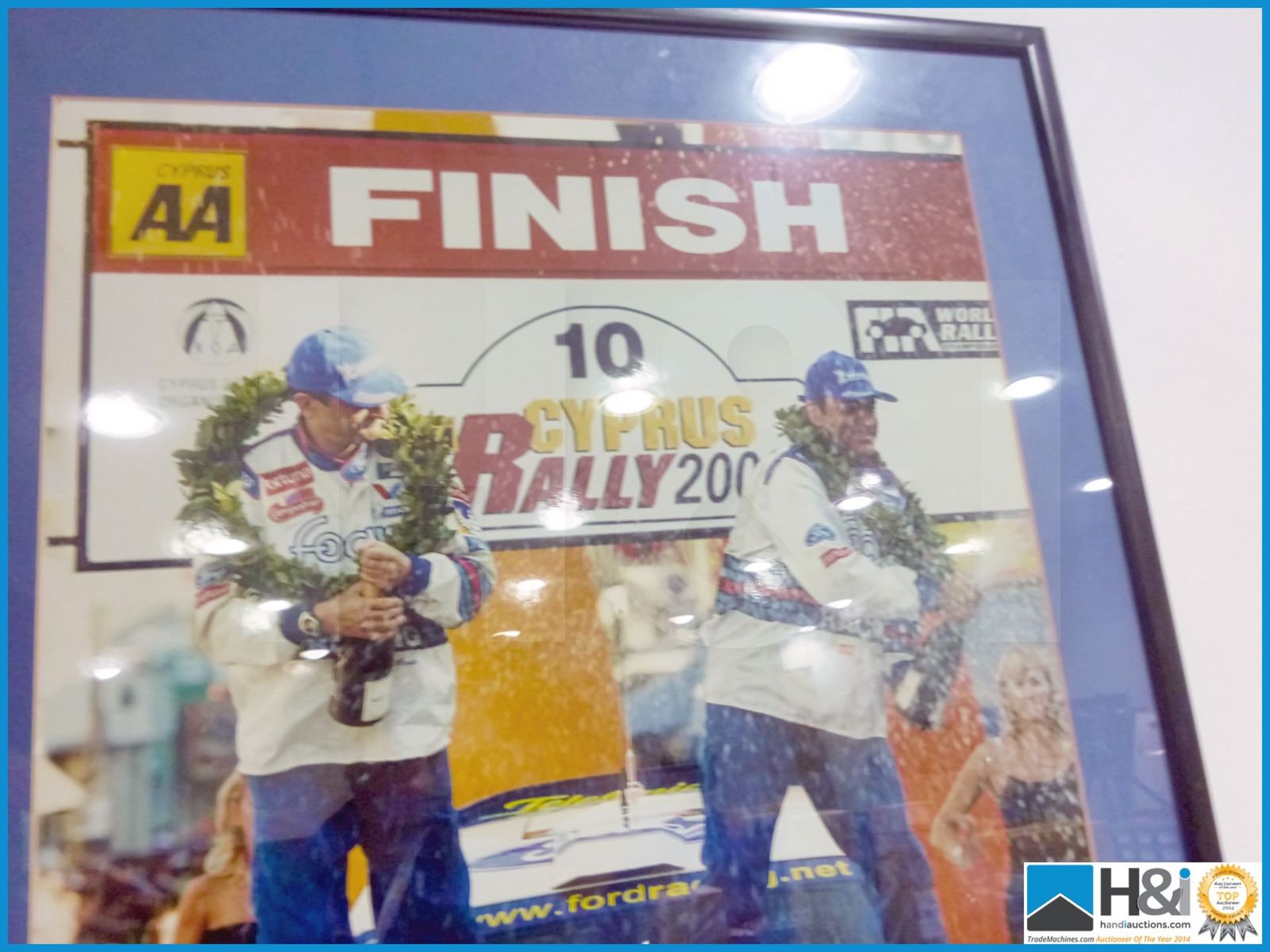 Large framed photo of Carlos Sainz podium win Cyprus Rally 2000 Ford Focus YC207. Appx 23in X 31in - - Image 3 of 4