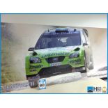 Original Cosworth ex-works promo artwork of Ford Focus rally car on Abu Dhabi rally. Caption reads '