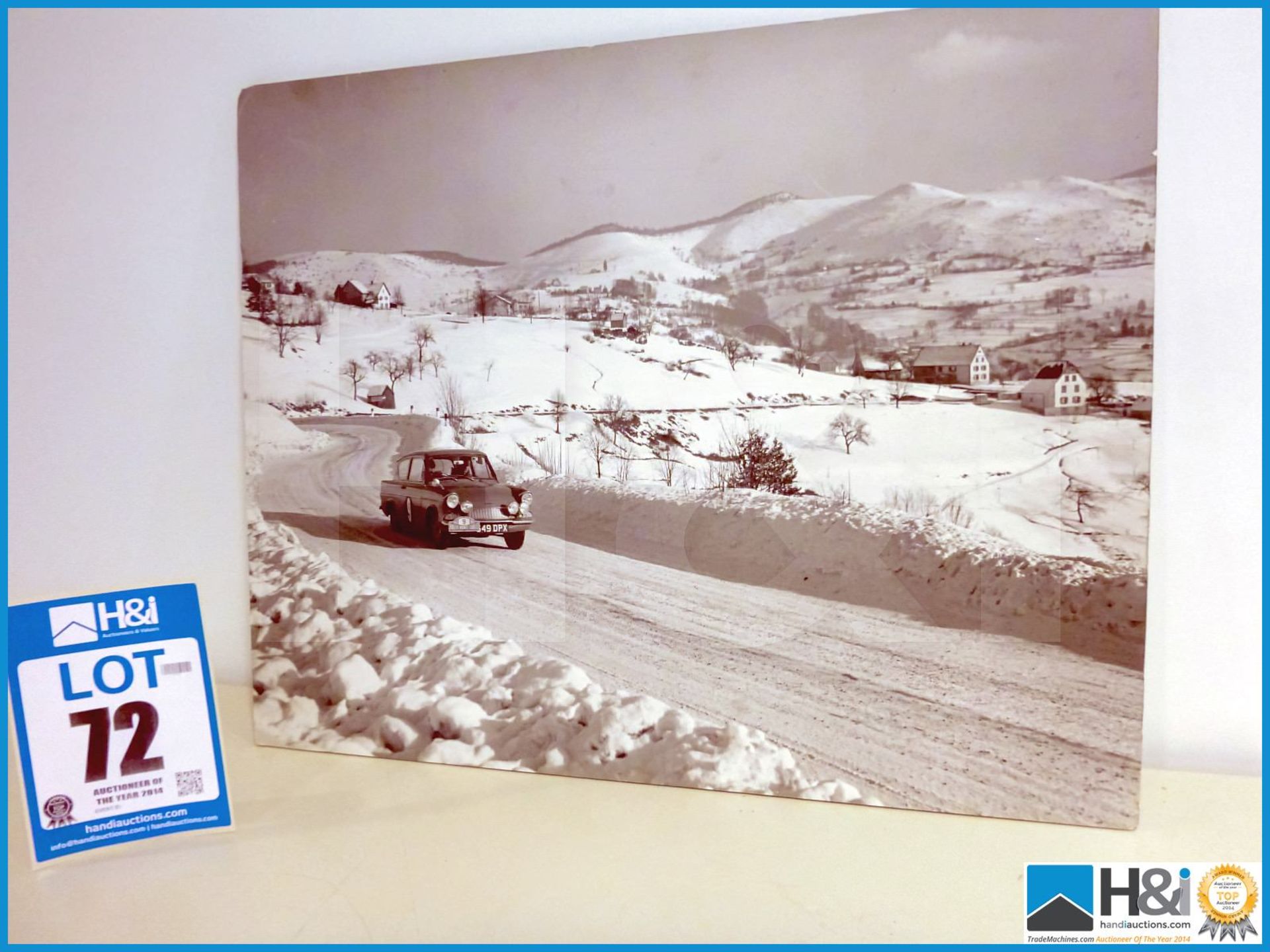 Unframed, board backed black and white photo print of Ford Anglia on Monte Carlo Rally. Appx 22in x - Image 4 of 7