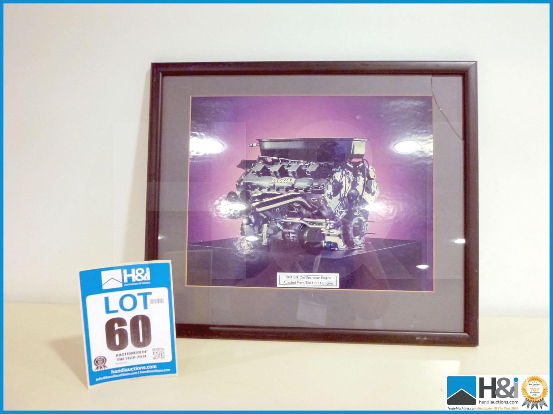 Framed print of 1991 Silk Cut sports car HBF1 engine. Glass slightly damaged -- MC:N/A CILN:N/A