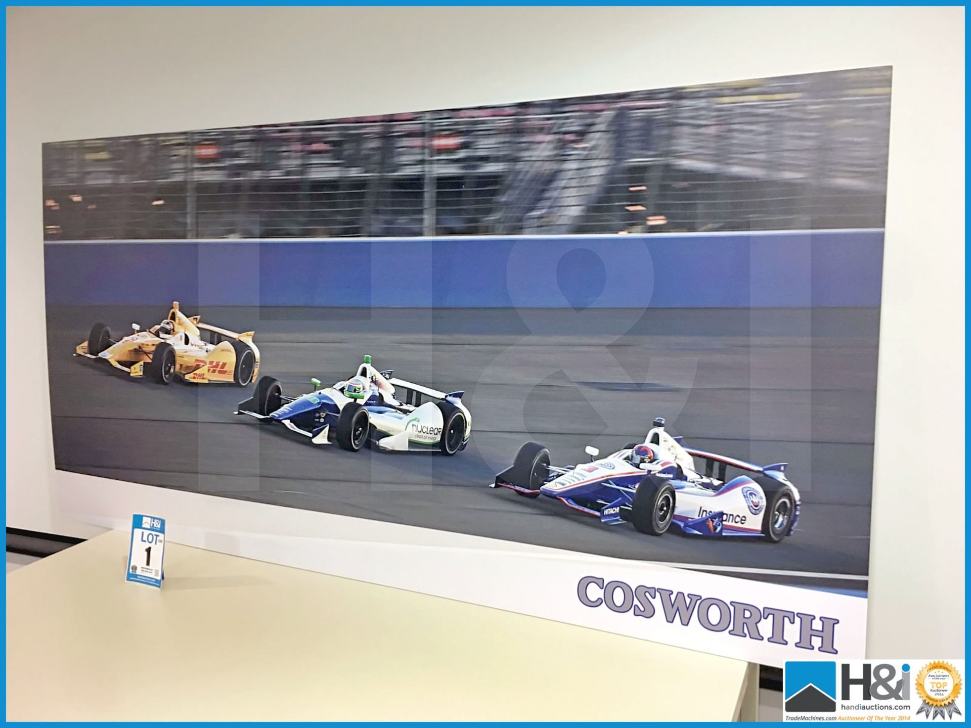 Large format print of Indy cars on race track. Ex Cosworth works. Approx 6ft X 3ft X 5mm. Never made - Image 2 of 4