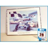 Metal framed Motorsport artwork. Caption reads 'Presented by Vandervell to commemorate it's mirror r