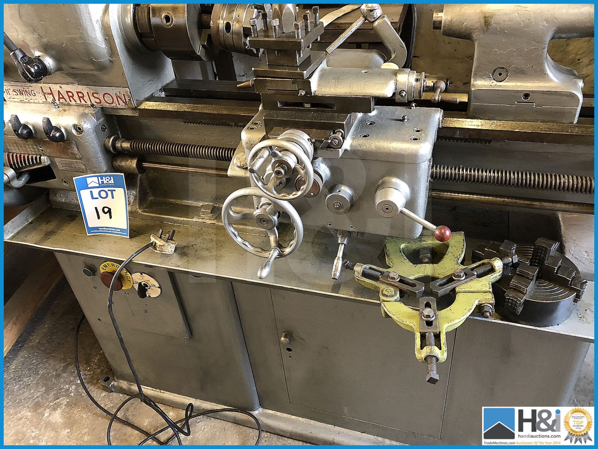 11in swing Harrison single phase metal lathe with 2 chucks, threading head and work steady - Image 7 of 9