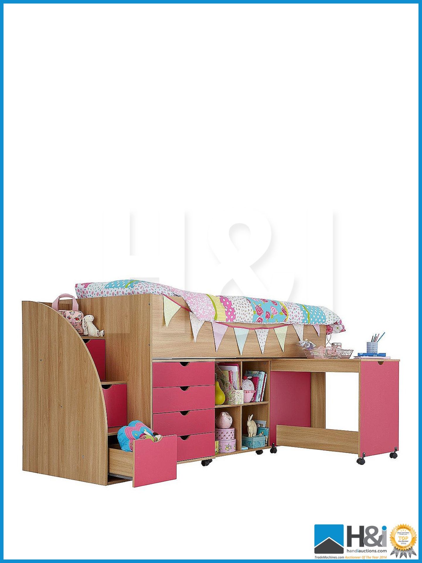 NEW IN BOX KIDSPACE MILO SINGLE 3DRAWER STORAGE MID SLEEPER [OAK/PINK] 117 x 96 x 231cm RRP GBP 419