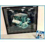 Ex Cosworth works framed print of Chevrolet engine. Approx 24in x 20in. Wood frame