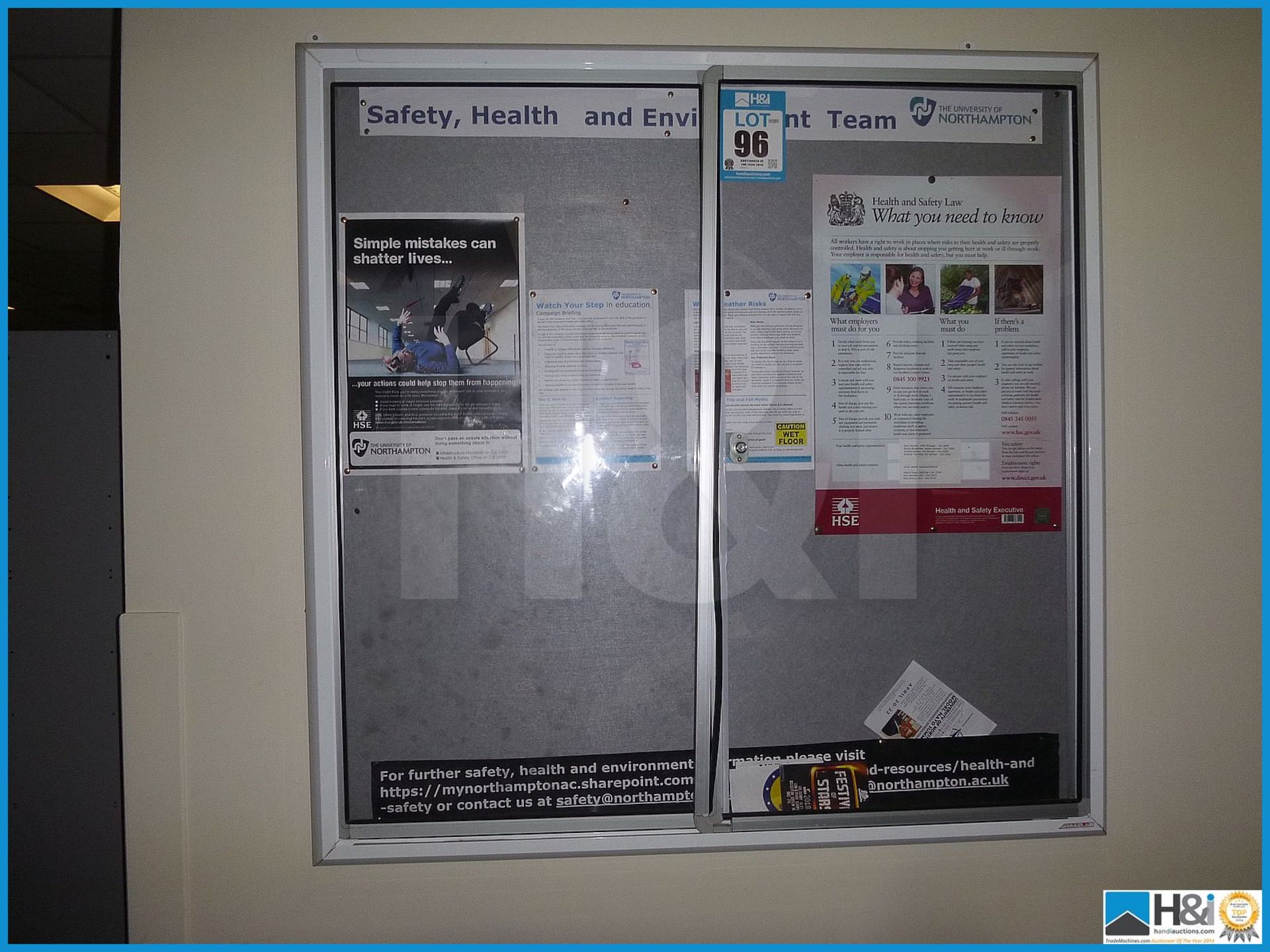 NOTICE BOARD WITH LOCKABLE GLASS SLIDING DOORS, USED, GOOD CONDITION, BUYER TO TAKE DOWN OFF WALL